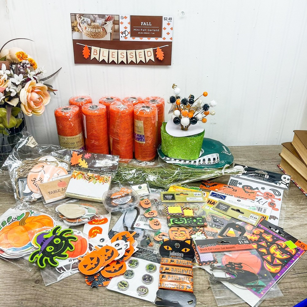 Huge Halloween Fall Craft Lot Deco Mesh Stickers Ribbon Garland Scrapbook DIY